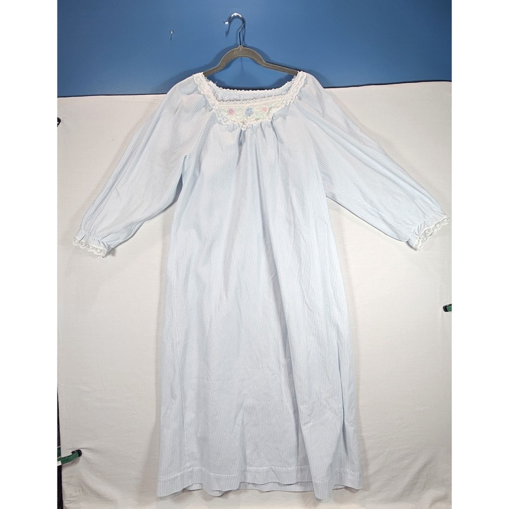 Vintage Katz Flannel Nightgown Blue Stripe Cotton Prairie Cottagecore Grannycore